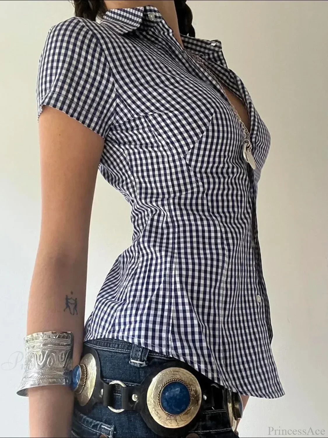 Plaid Slim Buttoned Up Blouse