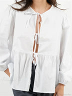 Plaid Stripe Front Tie-up Long Sleeve Blouse