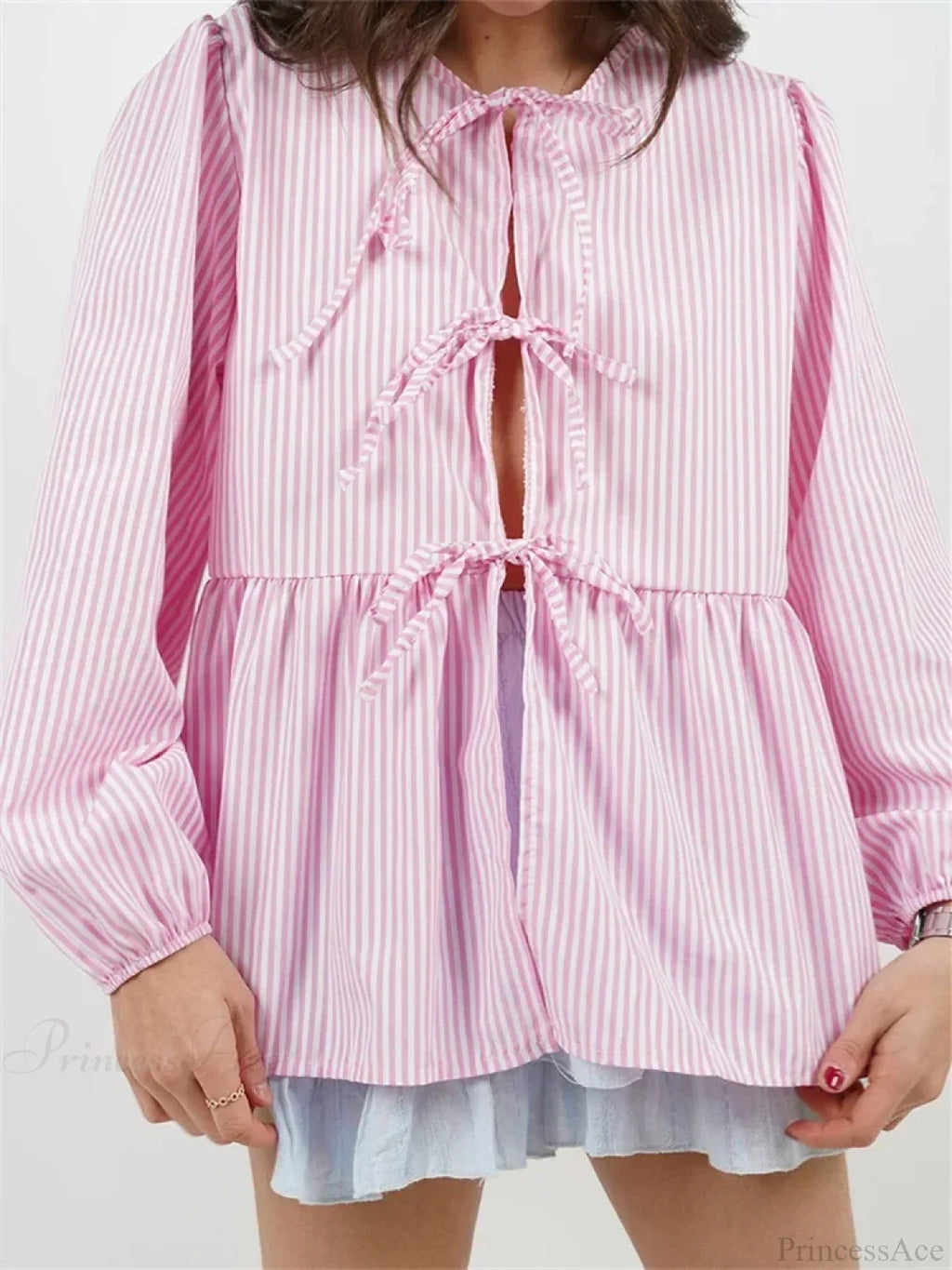 Plaid Stripe Front Tie-up Long Sleeve Blouse