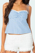 Plaid Tie-up Backless Ruched V-neck Crop Top
