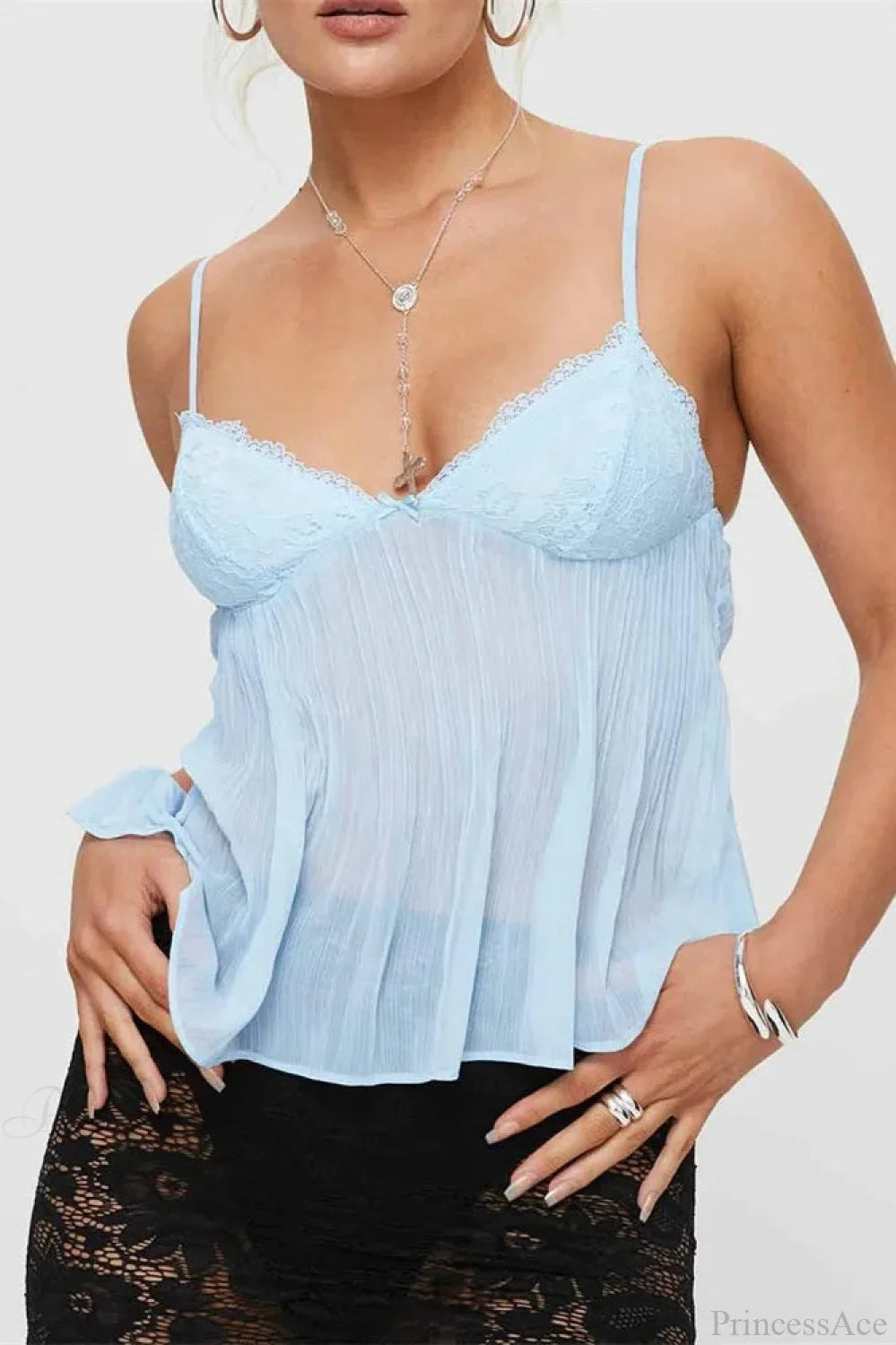 Pleated Bowknot Lace See-through Crop Top