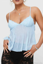 Pleated Bowknot Lace See-through Crop Top