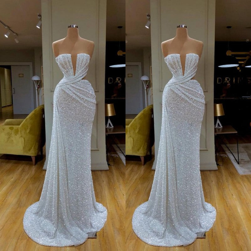Vestido de fiesta blanco brillante con lentejuelas, sin tirantes y escote en V