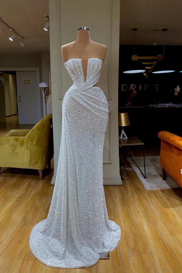 Vestido de fiesta blanco brillante con lentejuelas, sin tirantes y escote en V