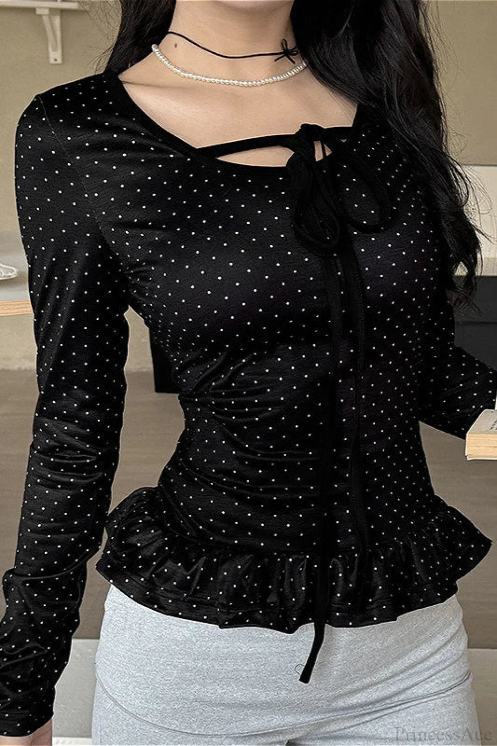 Polka Dot Bow Front Ruffle Fitted Long Sleeve Tee