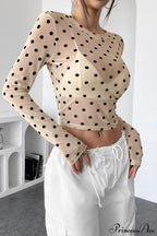 Polka Dot Mesh Slim Fit Long Sleeve Crop Top