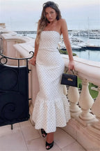 Polka Dot Off Shoulder Strapless Maxi Dress