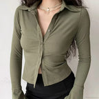 Polo Lapel Flared Sleeve Blouse