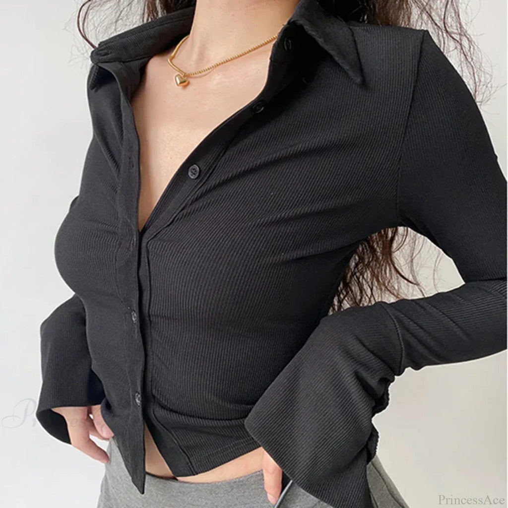 Polo Lapel Flared Sleeve Blouse