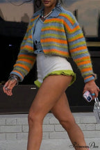 Polo Neck Striped Colorblock Slim Knit Crop Sweater