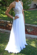 Fabulous White Beaded Halter Sleeveless Long Prom Dress with Beading