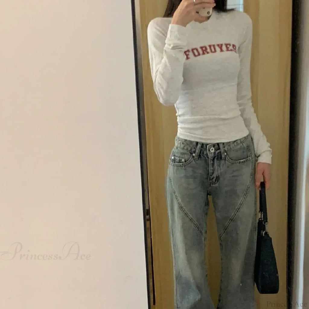 Preppy Y2K Letter Print Ribbed Long Sleeve Knit Top