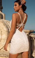 Plunging V Neckline Web Strappy Back Short Dress
