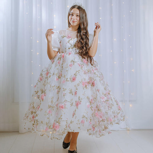 Kommunionkleid für Mädchen, Kinderkleid mit Blumenstickerei, bauschig, Prinzessinnenkleid 