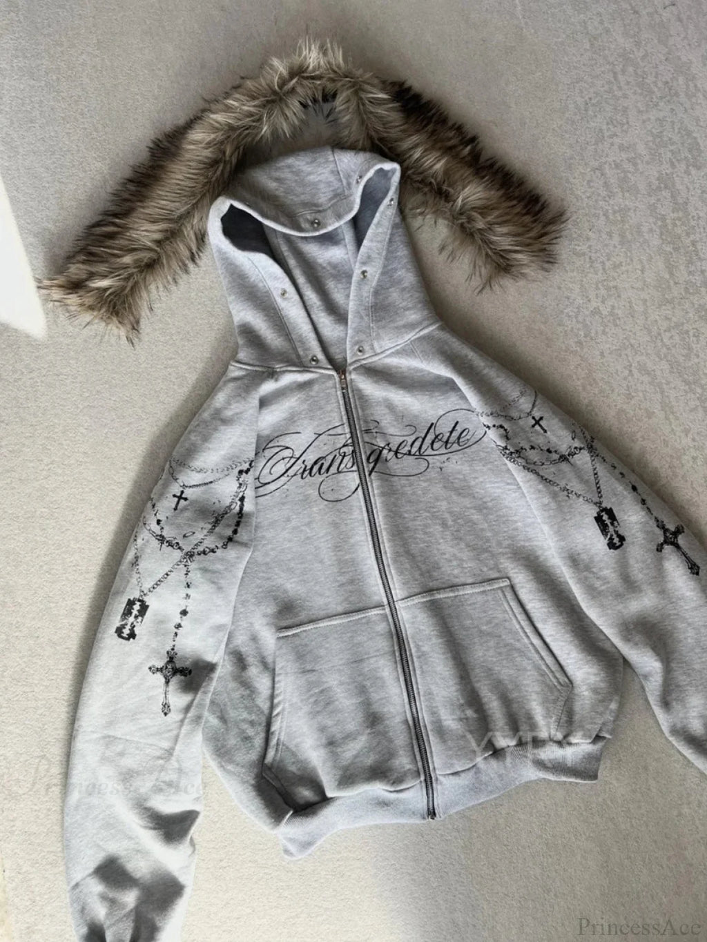Printed Zipper Detachable Fur Hoodie