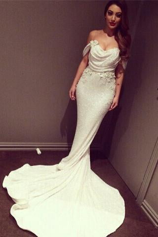 Satin Off Shoulder Court Train Mermaid Prom Dresses