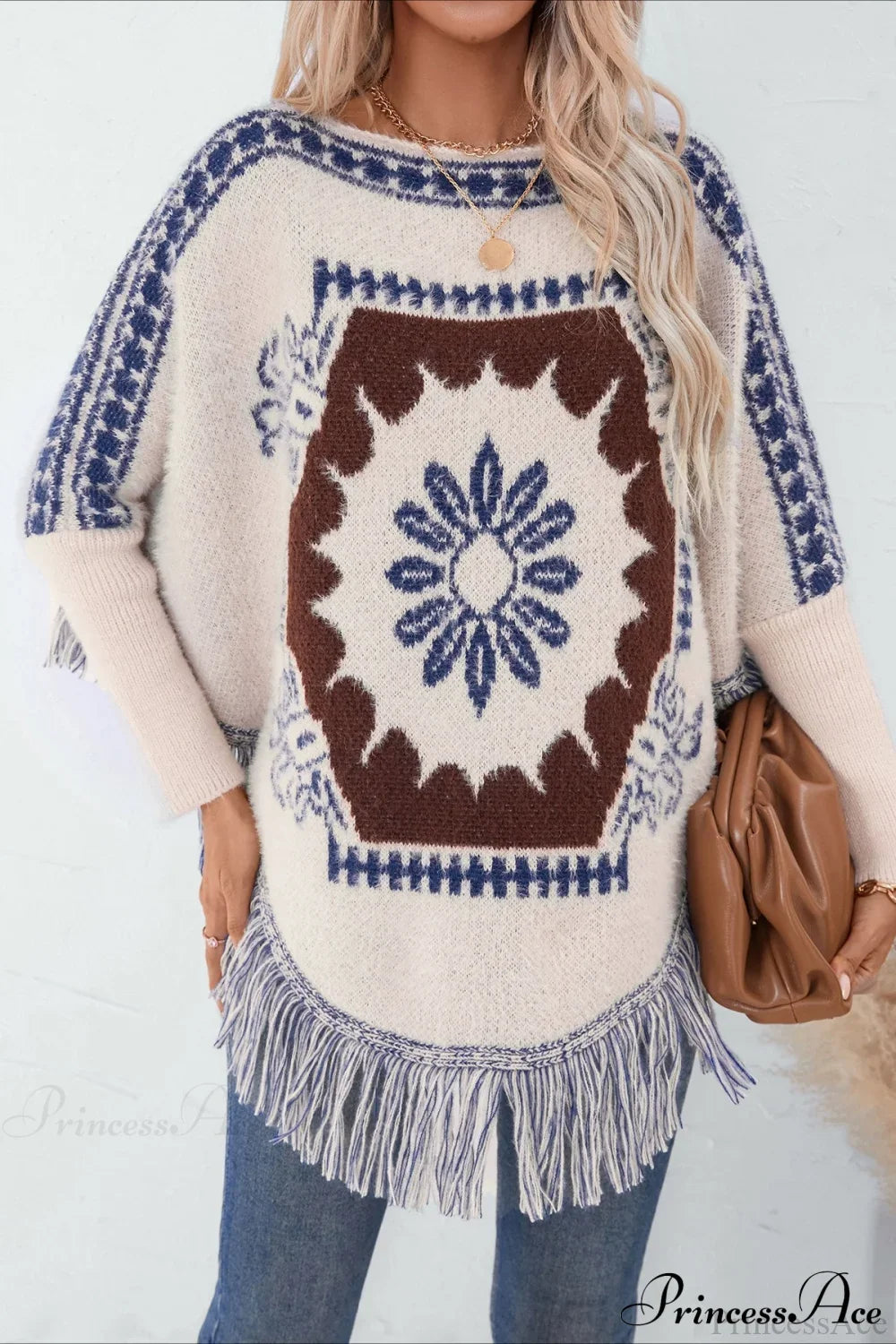 Pullover Knit Ethnic Long Sleeve Blouse