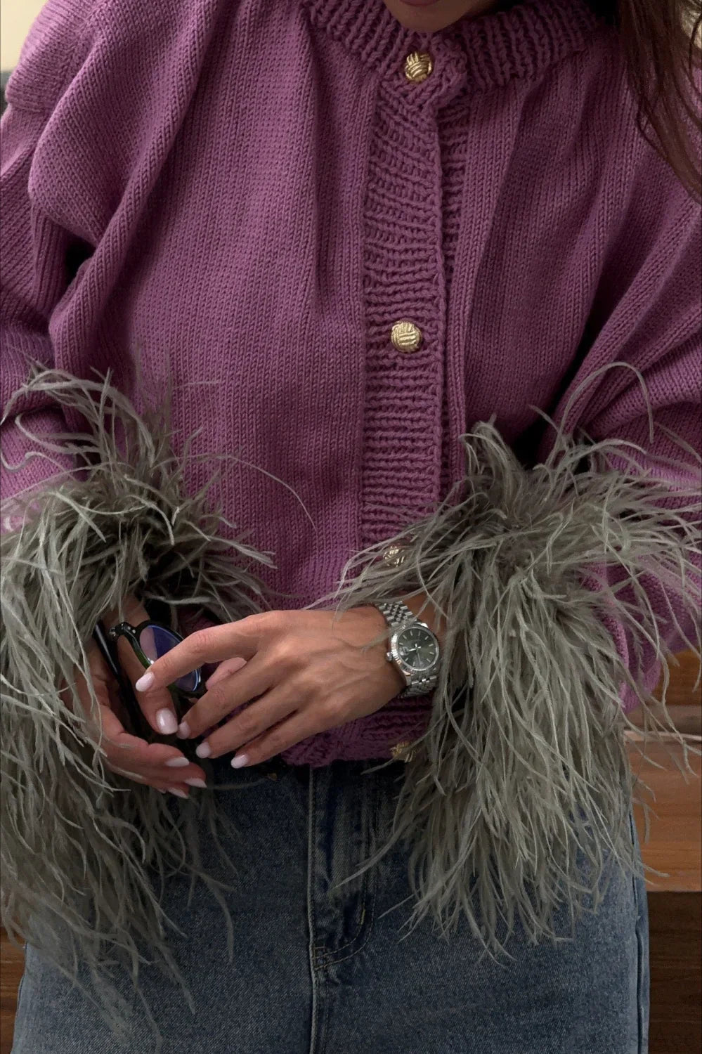 Purple Cropped Fuzzy Cuff Paneled Sweater
