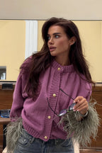 Purple Cropped Fuzzy Cuff Paneled Sweater