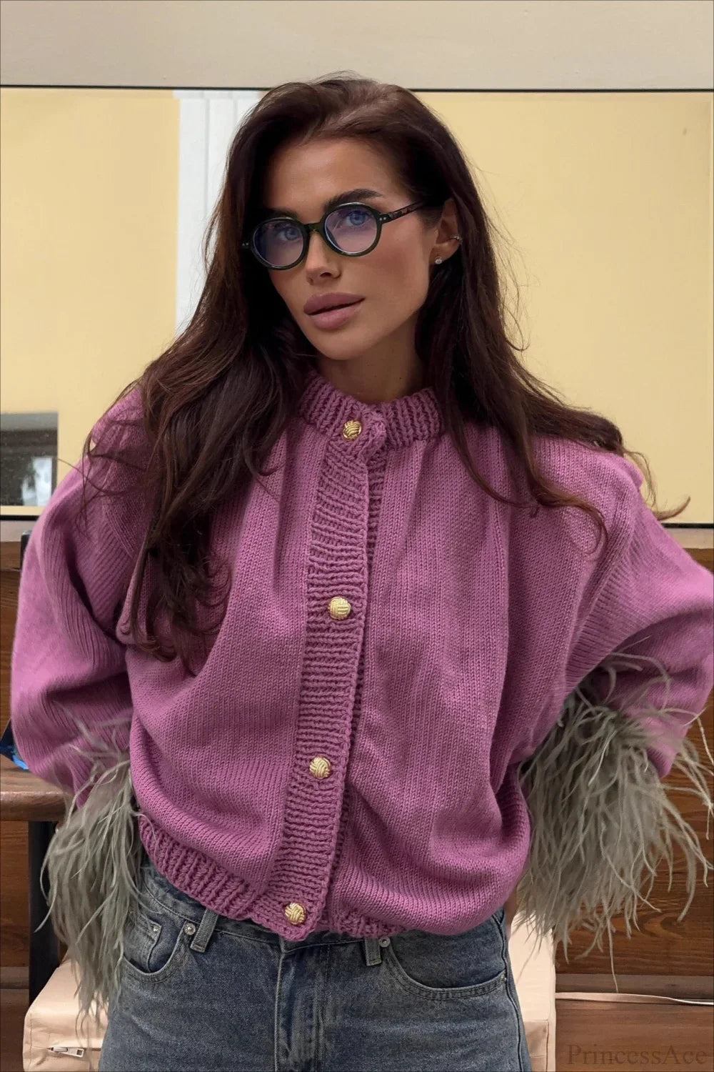 Purple Cropped Fuzzy Cuff Paneled Sweater