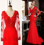 V-neck Long Sleeves Mermaid Satin Prom Dresses With Appliques