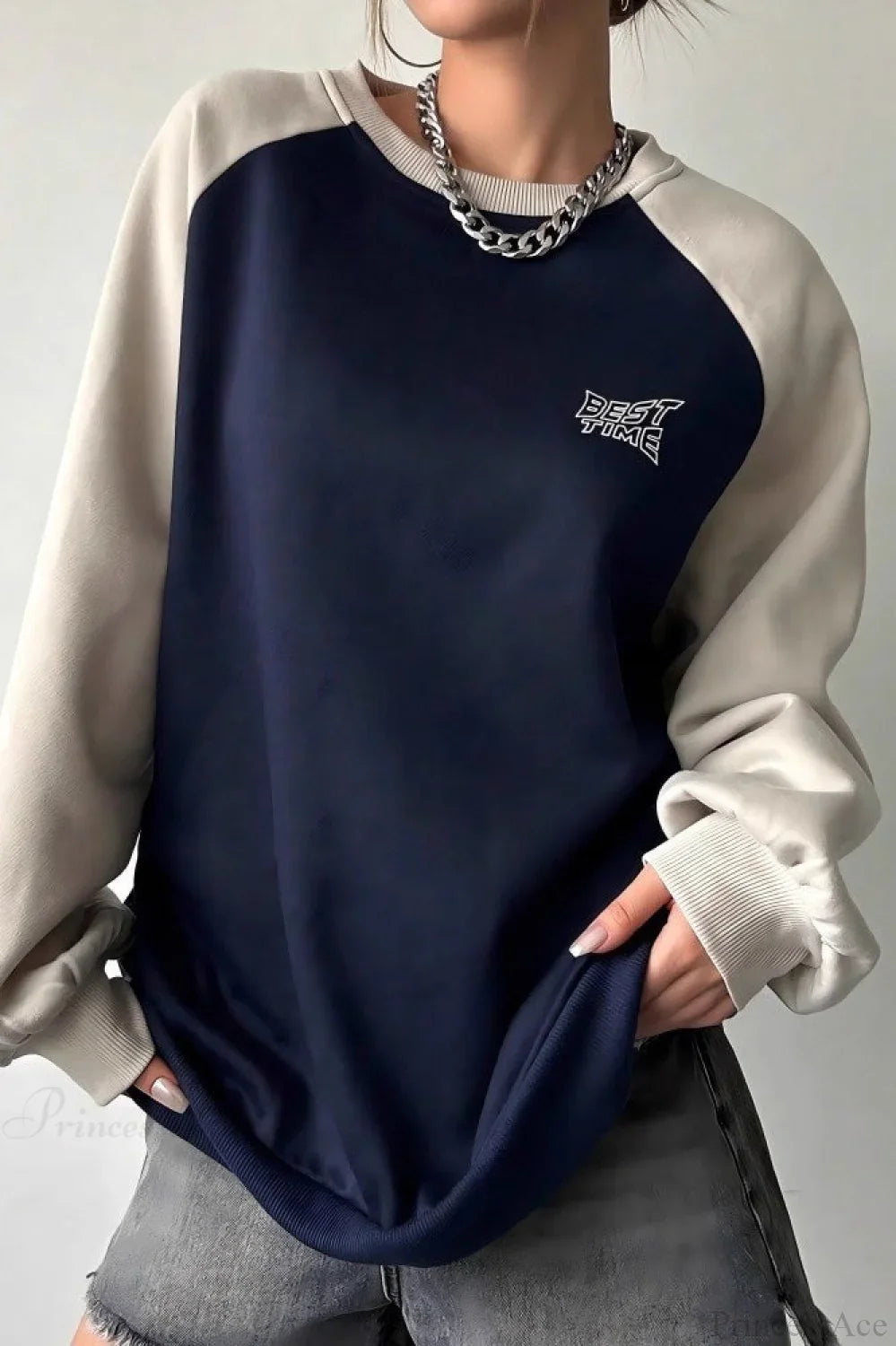 Raglan Sleeve Color Block Crew Neck Relaxed Sweatshirt