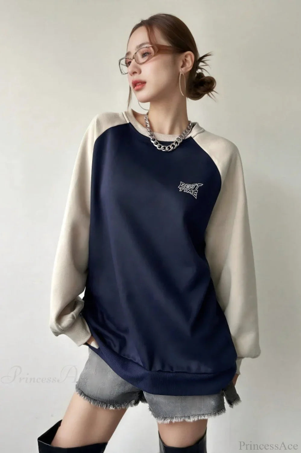 Raglan Sleeve Color Block Crew Neck Relaxed Sweatshirt