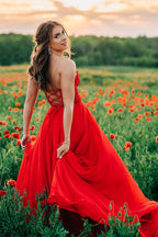 Schulterfreies, A-Linien-Abendkleid aus Chiffon mit Applikationen und Schnürung 