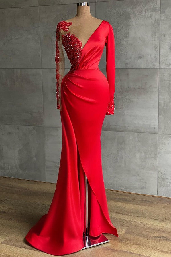 Rotes, langärmeliges Meerjungfrauen-Abendkleid mit Perlenstickerei und V-Ausschnitt im Angebot