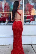 Mermaid V Neck Sequins Backless Long Prom Dress