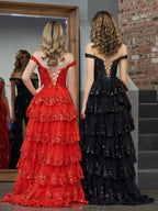 A-Linien-Abendkleid mit schulterfreiem Korsett und Spitzenrüschen