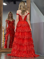 A-Linien-Abendkleid mit schulterfreiem Korsett und Spitzenrüschen