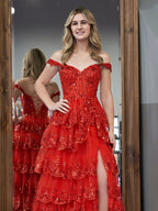 A-Linien-Abendkleid mit schulterfreiem Korsett und Spitzenrüschen