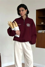 Relaxed Fleece-Lined Half-Zip Stand Collar Convertible Sweatshirt