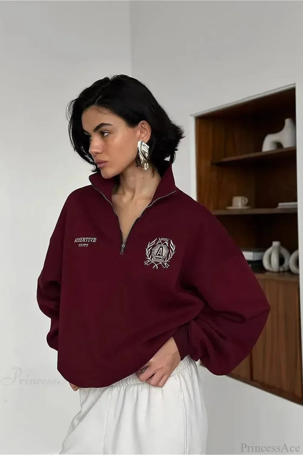 Relaxed Fleece-Lined Half-Zip Stand Collar Convertible Sweatshirt