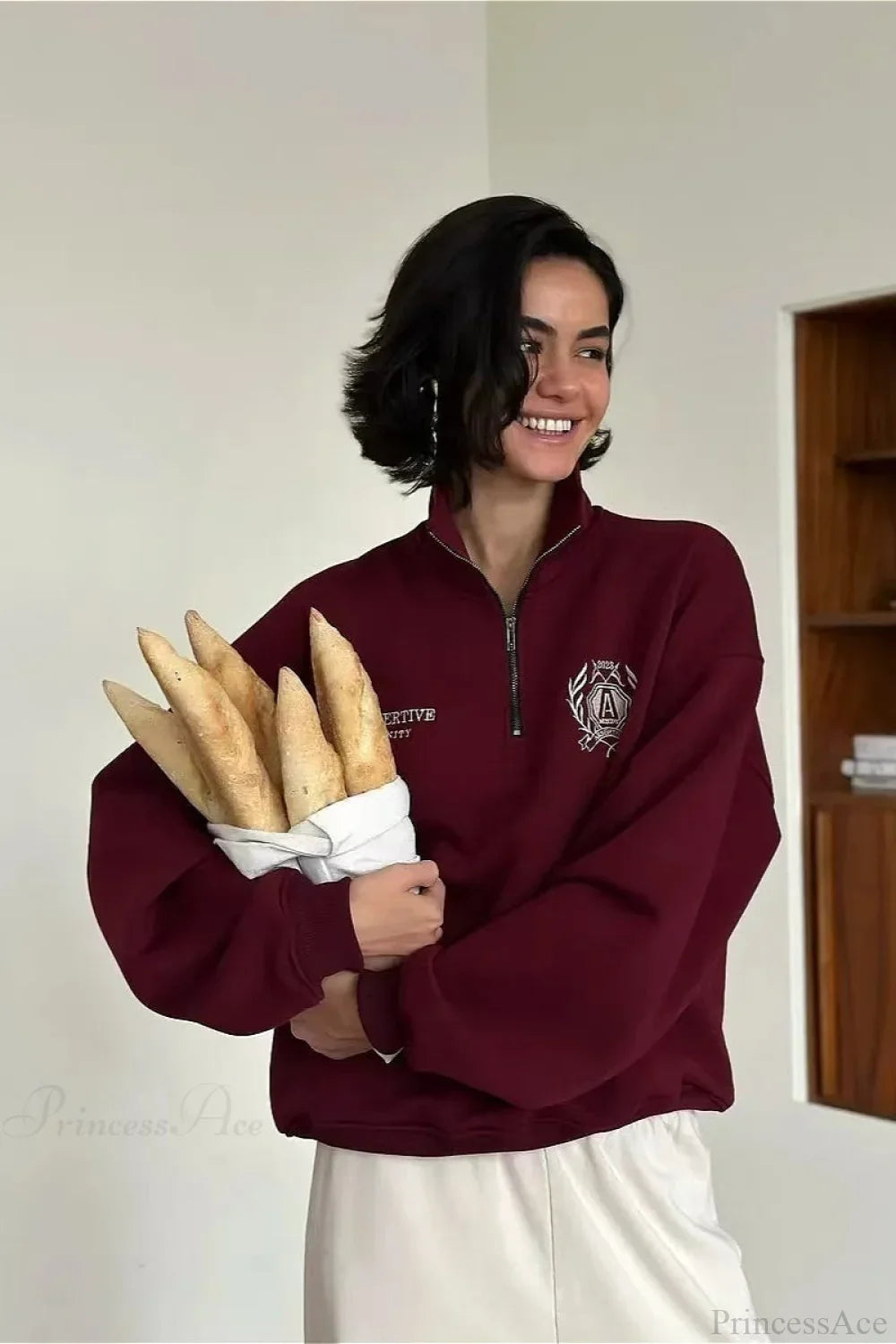 Relaxed Fleece-Lined Half-Zip Stand Collar Convertible Sweatshirt