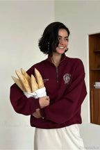 Relaxed Fleece-Lined Half-Zip Stand Collar Convertible Sweatshirt