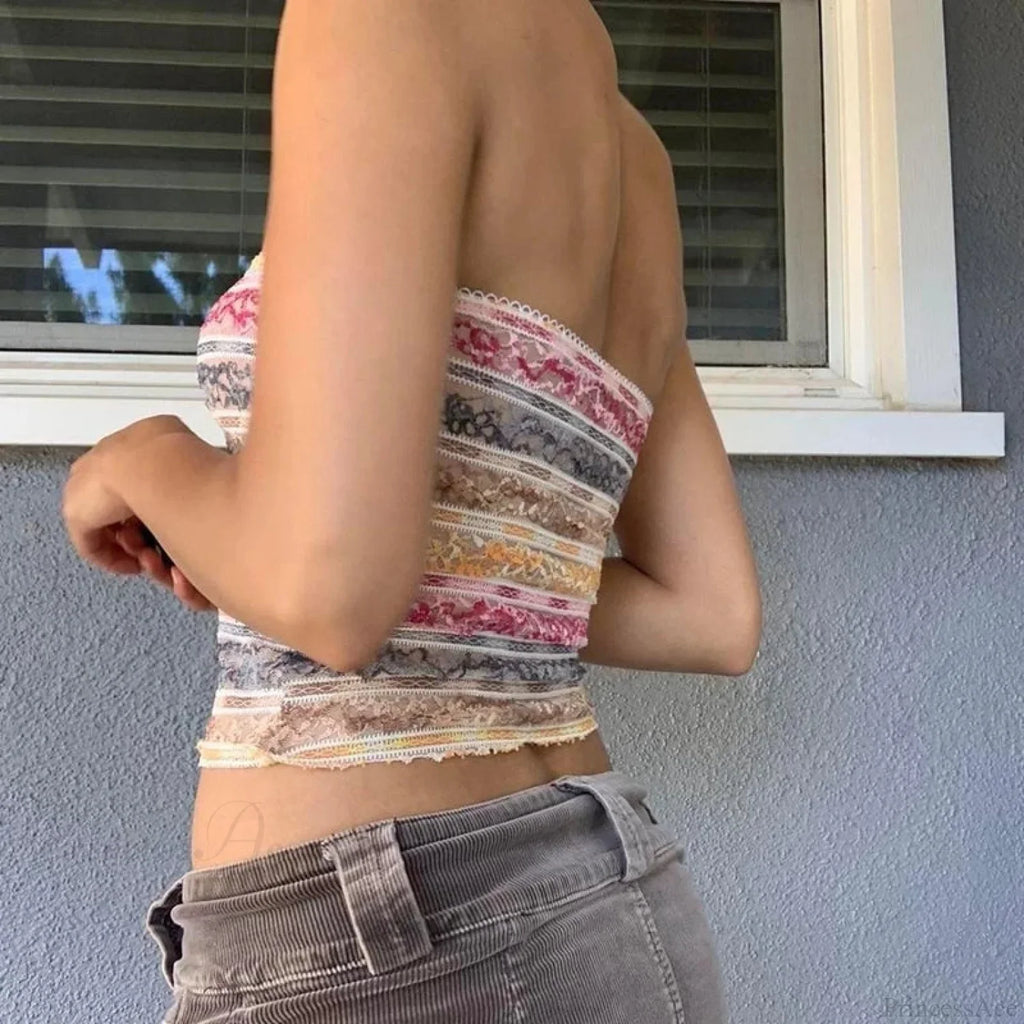 Retro Lace Trim Strapless Tube Crop Top