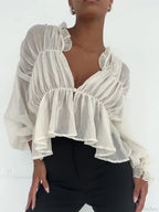 Retro Sheer Mesh Lantern Sleeve Blouse