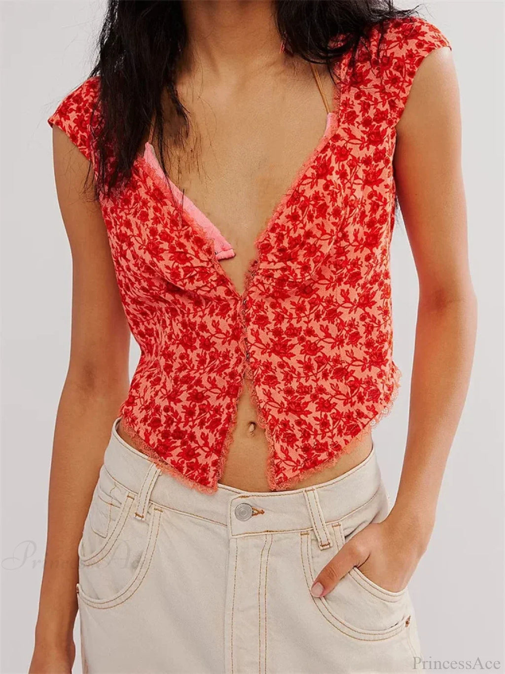 Retro Slim Fit Floral Button V-neck Crop Top