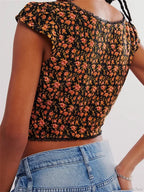 Retro Slim Fit Floral Button V-neck Crop Top