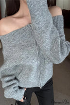 Retro Zip Off-Shoulder Slim-Fit One-Size Knit Cardigan