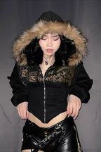 Rhinestone Printed Irregular Zipper Slim Fleece Hoodie