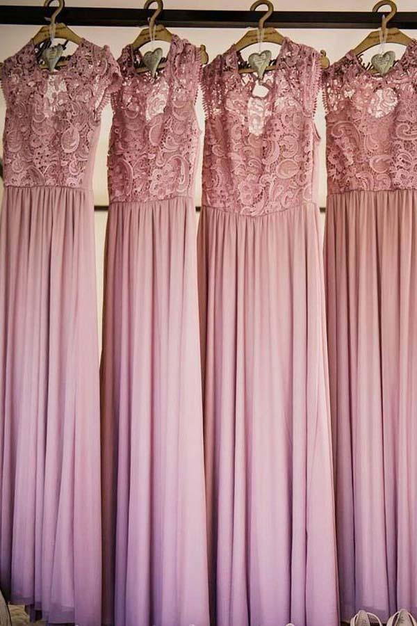 Vestido de dama de honor de gasa con cuello redondo y mangas cortas con encaje