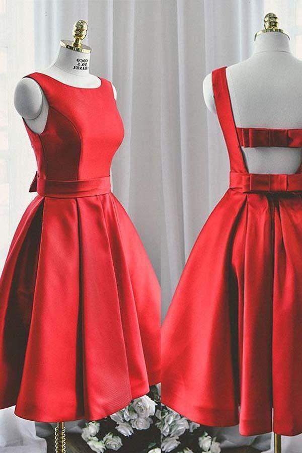Vestido de fiesta corto de satén de corte A con cuello redondo y diseño lindo, para baile de graduación o regreso a casa