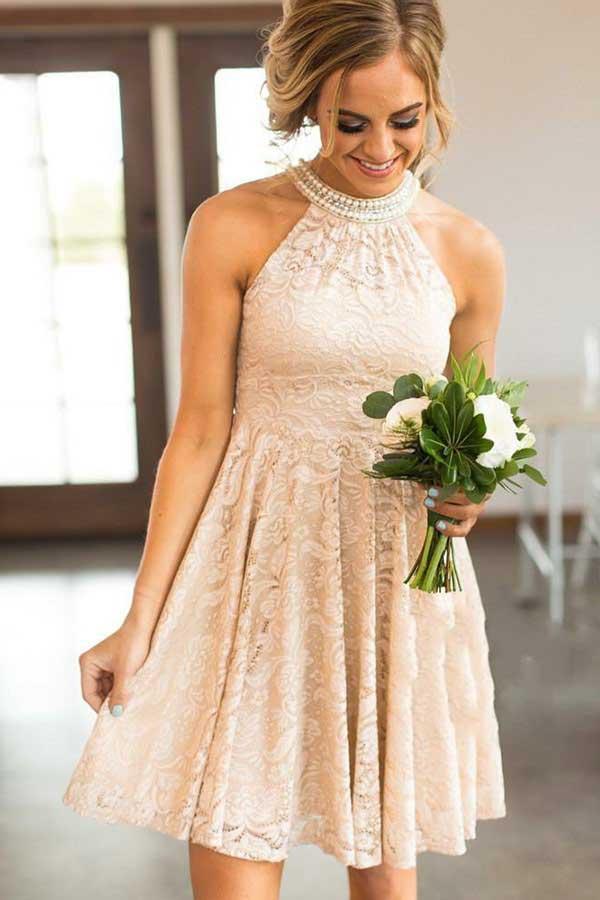 Vestido de fiesta de encaje rosa perla de cuello redondo con perlas para regreso a casa