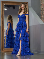 Vestido de fiesta estilo princesa, corte A, hombros descubiertos, corsé y volantes de encaje