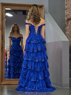 Vestido de fiesta estilo princesa, corte A, hombros descubiertos, corsé y volantes de encaje