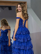 Vestido de fiesta estilo princesa, corte A, hombros descubiertos, corsé y volantes de encaje