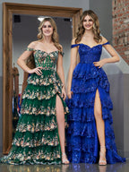 Vestido de fiesta estilo princesa, corte A, hombros descubiertos, corsé y volantes de encaje